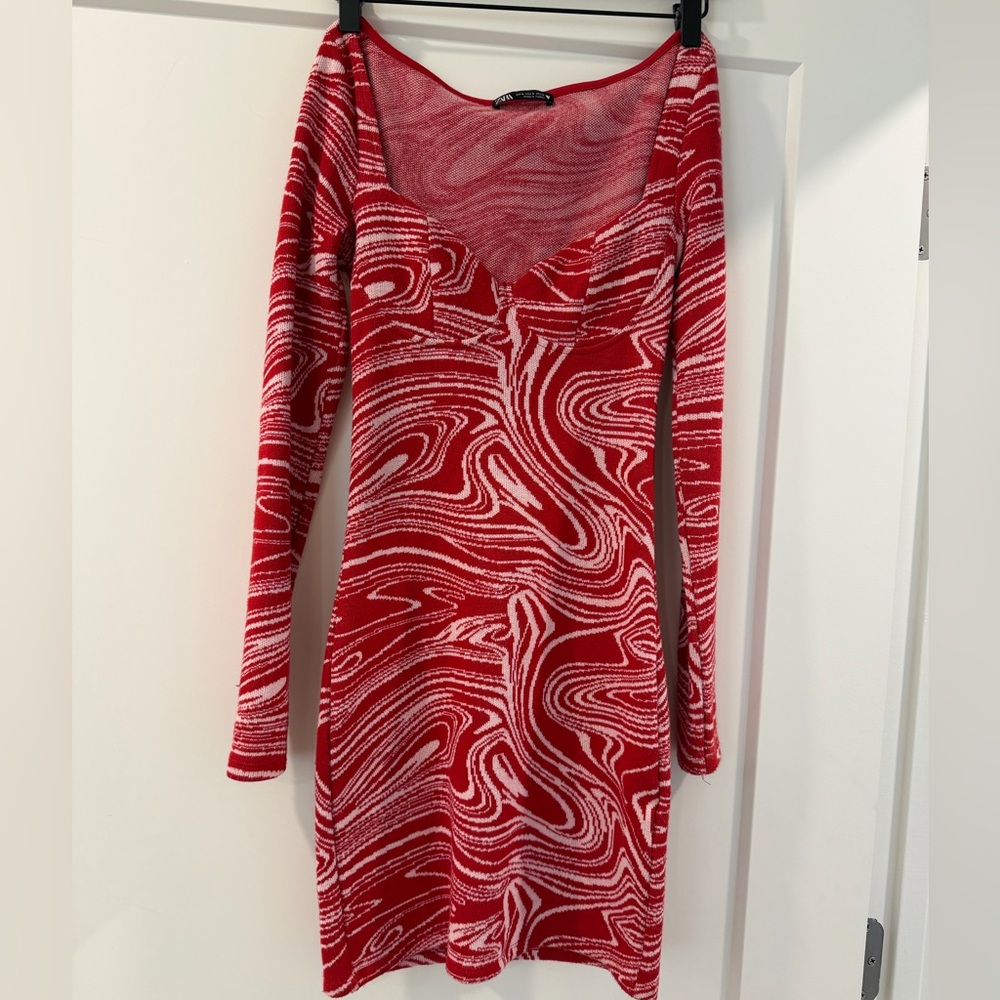Zara Red and White Swirl Long-Sleeve Dress